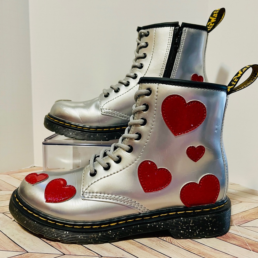 Dr Martens 1460 J Glitter Star Patent Lace Up Zip Boots Kids 3 Silver Red Hearts